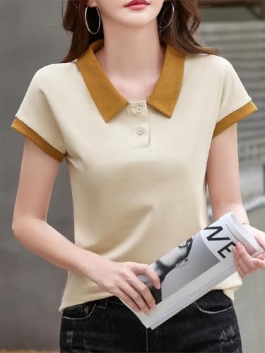 Image of GLASGO Pure Cotton Regular Fit Plain Solid Classic Polo Collar Half Sleeve T-Shirt for Women (Colors: Beige, Mustard, Gray, Pink)