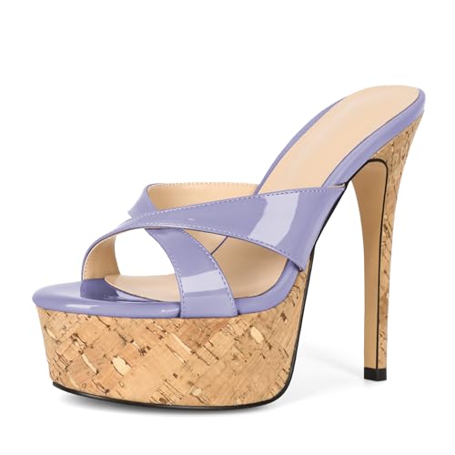 Image of Esvowido Heeled Mules for Women Cork Platform Stiletto Heels Slip on Open Toe High Heeled Sandals Crisscross Slippers Pumps Shoes