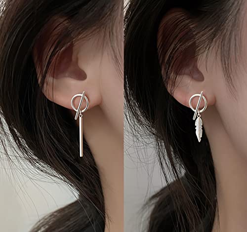 SLUYNZ 925 Sterling Silver Bar Dangle Earrings for Women Feather Drop Earrings Circle Studs2