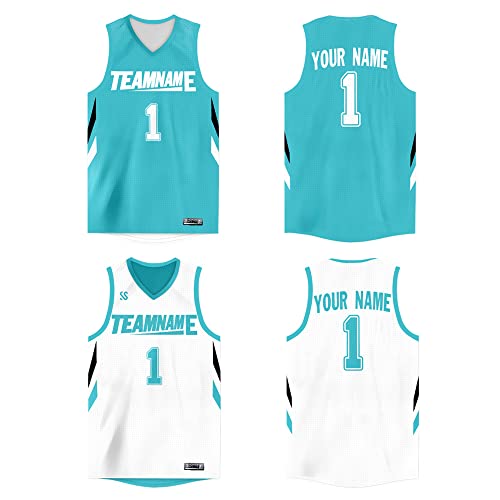 Custom Reversible Basketball Jersey Mesh Performance Uniform Personalized Printed Name Number for Men/Boy Teal-white-07