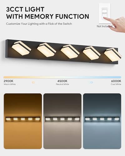 Image of VONLUCE Bathroom Vanity Light Fixture, 5-Light Modern LED Vanity Light, 3CCT Adjustable Bathroom Lights with Memory Function Rotatable Shades, 34 inch Wall Lighting Fixture Over Mirror, Matte Black
