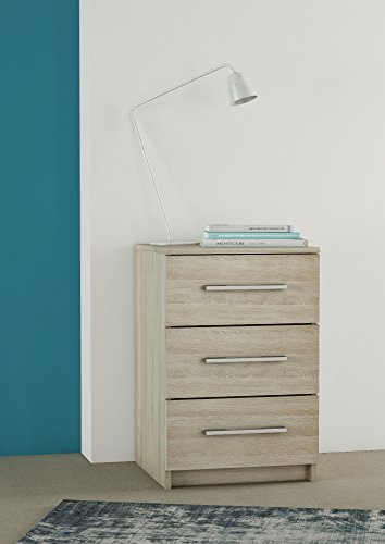 Mueblix Mesitas de Noche Roble / Mesitas de Noche Baratas para Dormitorios / Cajoneras de 3 Cajones de Madera Roble Claro con Tiradores de Plastico Gris / Medida 42,5 x 42 x 64 cm