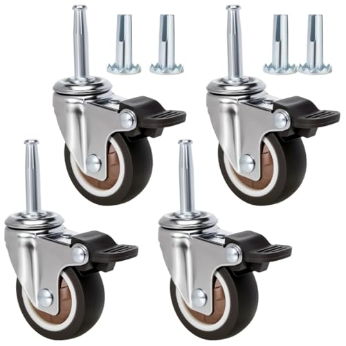 JGJC 2' Non-Marring Rubber Caster Wheels 4-Pack | 5/16' × 1-1/2' (8×38mm) Grip Neck with Sleeve Plugs | Heavy Duty Casters with Brake Set of 4 for Wood Furniture Legs, Tables, Benches | Floor Friendly