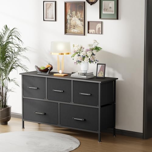 PayLessHere Fabric Dresser,Wide Chest of Drawers Storage Unit with Metal Frame and Wood Top,Organizer for Bedroom,Living Room,Entryway (5-Drawer, Black)