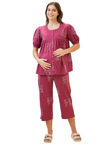 Image of AV2 Women's Cotton Printed Maternity & Feeding Night Suit Set of Top & Relaxed Capri Nursing Night Dress -2123