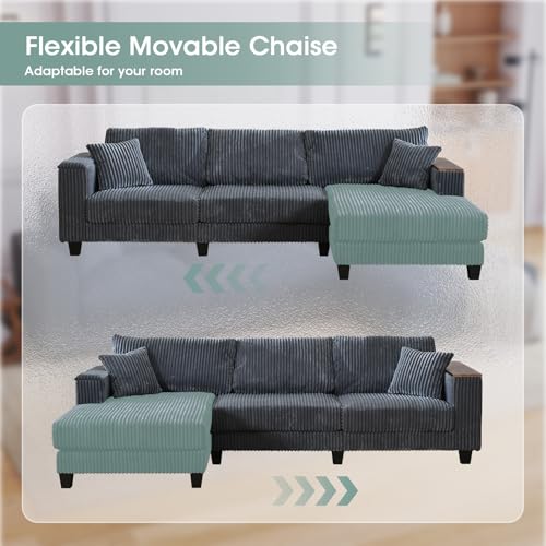 Image of 114.5 inch Corduroy Couch Sectional with Reversible Chaise with 2 Pillows Oversized Couch L Shaped Sofa with Two Armrests Hidden Storage Space Sectional Couches for Living Room Grey