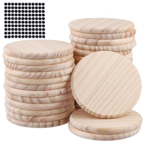 FUNSUEI 30 Stück Untersetzer Holz Rund 10 cm, Runde Holzuntersetzer mit Rutschfeste Matte für Tassen, Pflanzen, Kerzen