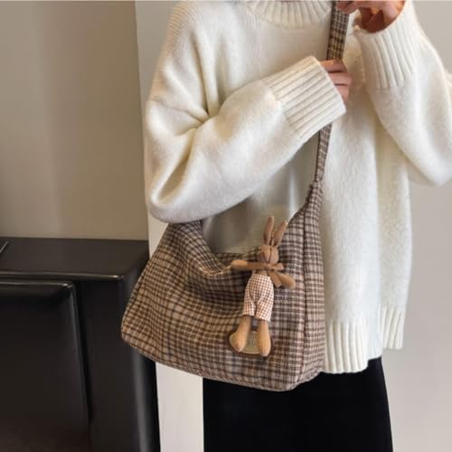 Image of Plaid Purses for Women - Wool Handbag with Pendant, Hobo Shoulder Bag and Tartan Fabric Clutch (Khaki)