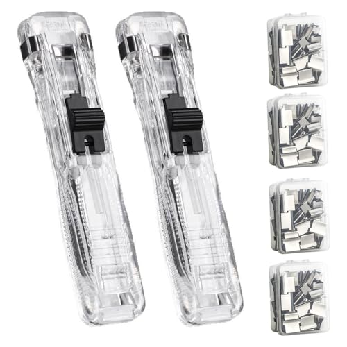 2 Stück Reusable Creative Stapler mit 200 Stück Wiederverwendbare Heftklammern,Hefter,Klammerloses Heftgerät,Push Clamp Stapler Holder,Mini Push Hefter,für Schule,Büro,Heim (Transparent Schwarz)