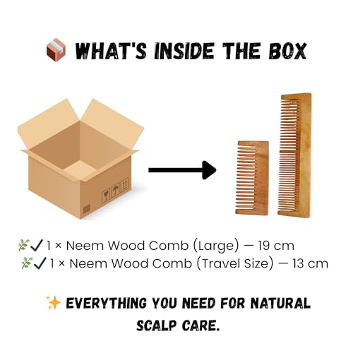Image of Neem Wood Comb Set for Hair Growth | 100% Natural Anti-Static Neem Wooden Combs for Women, Men & Kids | Wide Tooth & Fine Tooth Kacchi Kanghi for Dandruff Removal, Hair Fall Control, Scalp Massage & Detangling | Large & Pocket Size (Pack of 2)
