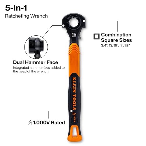 Image of KLEIN TOOLS KT171HFINS 5-in-1 Insulated Lineman Wrench with Dual Hammer Faces, 1000V Rated, Ratcheting Pass-Through Design, Tether Hole, Ergonomic Grip for Utility Pole Hardware