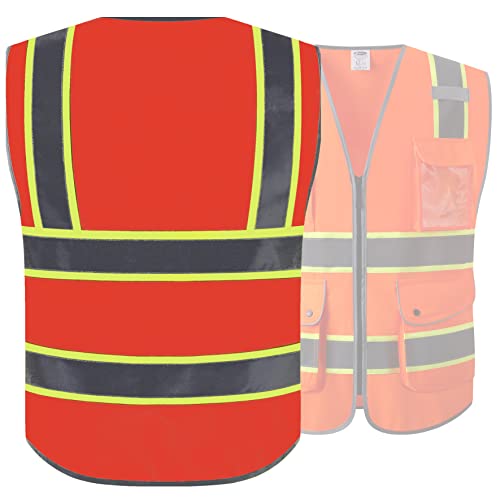 Image of JKSafety 9 Pockets High Visibility Zipper Front Safety Vest | Orange with Dual Tone High Reflective Strips | Meets ANSI /ISEA Standards (901-Orange, X-Large)