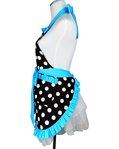 Floosum Lovely Polka Dot Retro Ruffle Side Sexy Cute Lady's Kitchen Cooking Apron With Pocket Gift For Women Girls Housewarming, Blue #TOP4