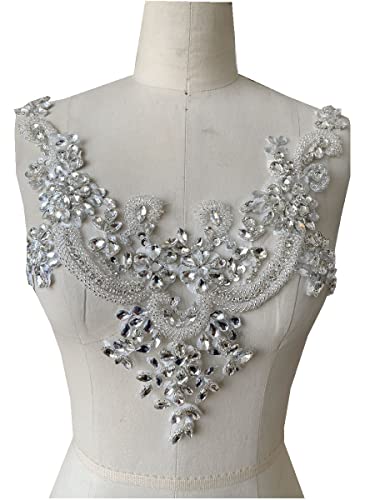 Handmade Rhinestones Lace Applique Handsewing Beads Trim Patches Neckline For Dress Clothes Accessory (White) #TOP1