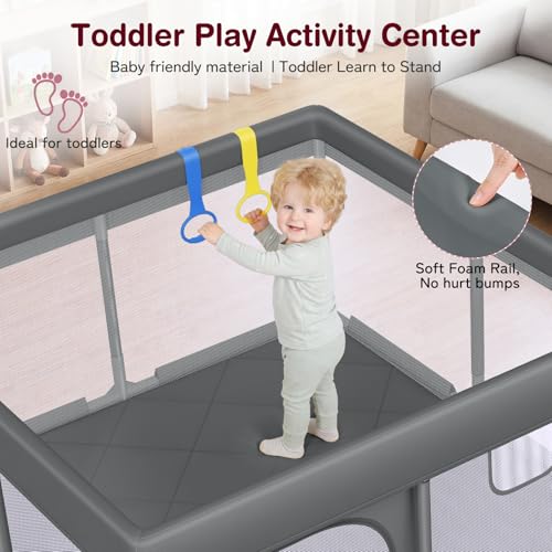 Image of Kidirect Baby Playpen with Play Mat 47x47 - Small Playpen for Babies & Toddlers, Activity Center, Indoor Outdoor, Grey