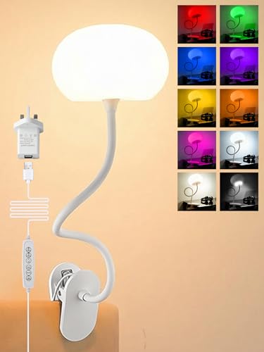 ReinHoo Clip on Light 10 RGB Colors & Warm White Desk Lamp with Clamp 10 Brightness Level Reading Light Bedside Lamps USB Adapter Clip on Lamp Suitable for Bedroom/Headboard/Bed/Bedside