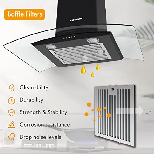Firegas Wall Mount Range Hood 30 Inch With 3 Speed Fan,Black Range Hood With Tempered Glass,400Cfm,Push Button Controls, Led Lighting, Permanent Filters In Stainless Steel,Includes 2 Charcoal Filters #TOP3