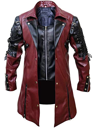 FaddyRox Steampunk Leather Jacket Gothic Coat - Maroon & Black - Faux Leather