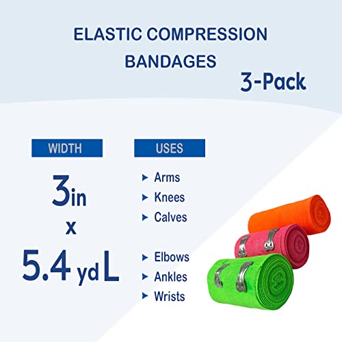 Elastic Bandage Wrap 3-Pack with Closure Clips, Comfortable Compression Support for Ankle, Knee, Wrist, Arm, and Leg Sprains, 3” Width x 5.4 Yards Length, Mixed Colors