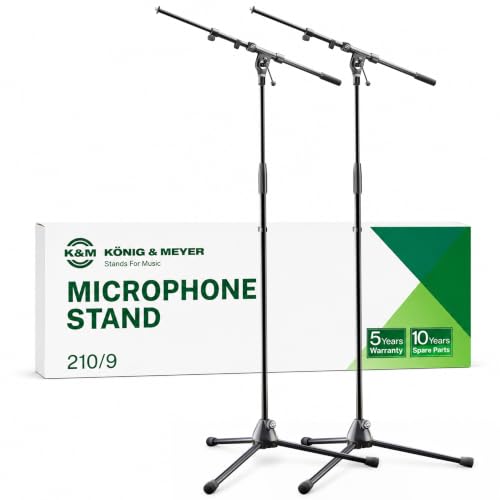 Image of K&M Konig & Meyer 21090.500.55 Tripod Microphone Stands | Adjustable Telescoping 2-Piece Boom Arm | Professional Grade | Heavy Duty with Folding Leg Base | German Made | 2 Pack | Black