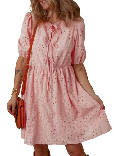 Dokotoo Summer Dresses for Women 2026 Fashion Tie Front V Neck Summer Dress Puff Short Sleeve A Line Hollow Out Lace Pink Dress Ruffle Cute Flowy Beach Cocktail Sun Dresses Medium