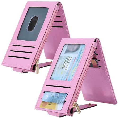 Image of Chelmon Women's RFID Slim Card Holder Wallet | Thin Bifold Multi Card Case with Zipper Coin Pocket Purse for Women(Pink)