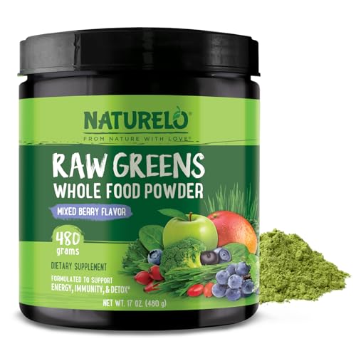 NATURELO Raw Greens Superfood Powder - Mixed Berry Flavor - Boost Energy, Detox, Enhance Health - Organic Spirulina - Wheat Grass - Whole Food Nutrition from Fruits & Vegetables - 480 Grams