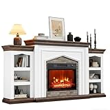 LGHM 80' Fireplace TV Stand for TVs Up to 90 Inch, Electric Fireplace with Mantel, Farmhouse Entertainment Center with Storage, Realistic Stacked Stone Surround and 3D Flame Effect for Living Room