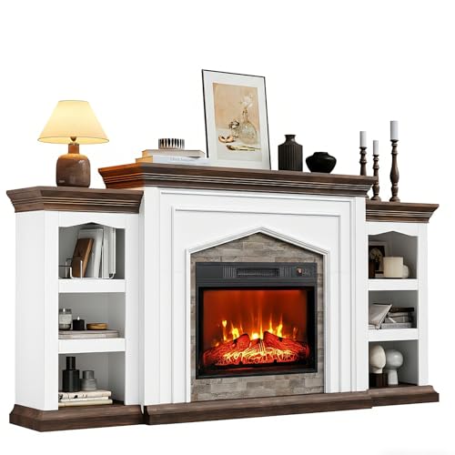 LGHM 80" Fireplace TV Stand for TVs Up to 90 Inch, Electric Fireplace with Mantel, Farmhouse Entertainment Center with Storage, Realistic Stacked Stone Surround and 3D Flame Effect for Living Room