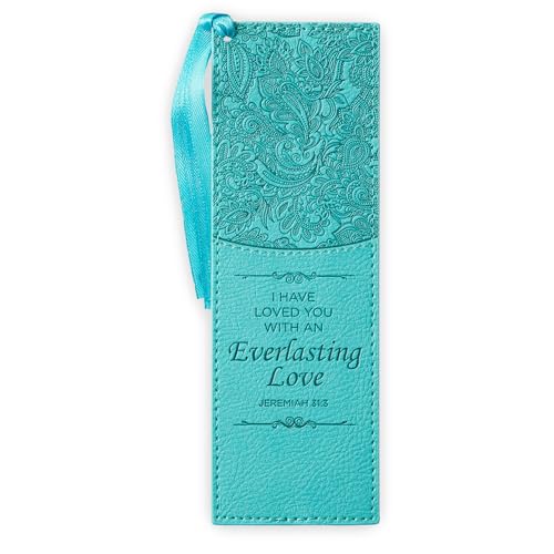 Christian Art Gifts Premium Vegan Leather Scripture Bookmark for Men & Women: Everlasting Love - Jeremiah 31:3 Inspirational Bible Verse, Heat-Debossed, Faith-Based Reading Accessory w/Tassel, Teal