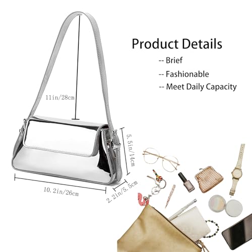 Image of Silver Bag Evening Clutch Bag Sparkly Satchel Patent Leather Y2K Handbag Crossbody Metallic Purses for Party.
