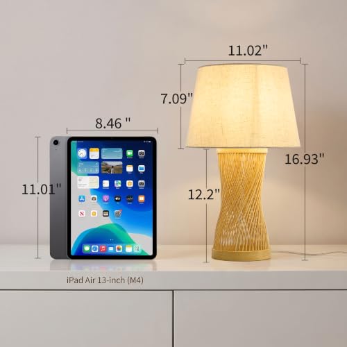 Image of Boho Table Lamp, 17 inch Bamboo Bedside Lamp for Living Room | Farmhouse Nightstand Lamp for Bedrooms, End Tables, Home Decor, Handwoven rattan Base, Linen Shade, E26 Socket