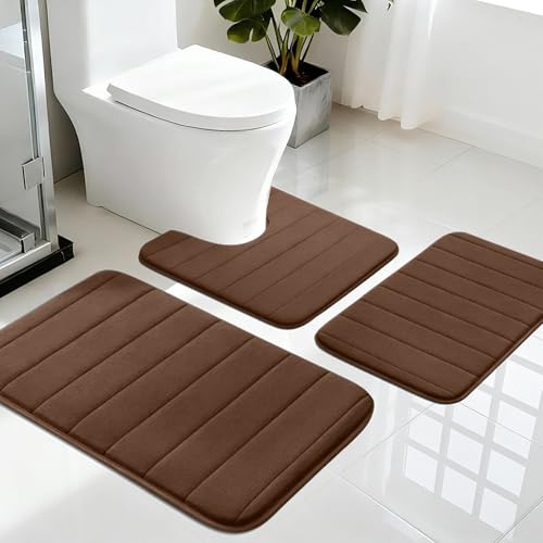 LUSCHEER Memory Foam Bath Mat Sets 3 Piece Bathroom Rugs wit