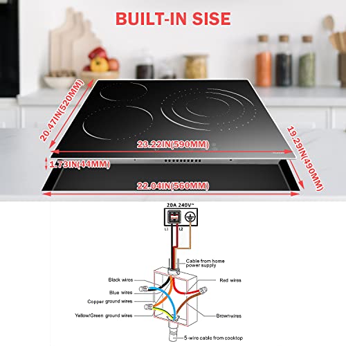 Electric Cooktop 24 Inch, 3 Burners Radiant Electric Stove, Built-In Electric Stove Top, Timer & Kid Safety Lock, Glass Protection Metal Frame, 220V-240V Hard Wire (No Plug) Hobsir #TOP5