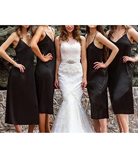 Women's Basic Satin Silky Full Slip Midi Loose Dress With V-Neck Sexy Cami Adjustable Spaghetti Strap Lounge Wear Nightgown Dresses Fit Party Wedding Night Date Daily Black Large #TOP7