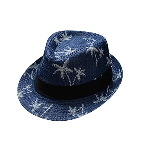 Kids Summer Straw Hat Parent Child Beach Wind Travel Tree Printing Paper Straw Jazz Hat Seaside Sun Hats(Dark Blue,One Size)