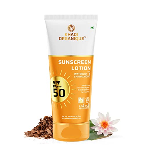 Image of KHADI ORGANIQUE Sunscreen Lotion SPF 50 PA+++ with Waterlily & Sandalwood | Broad Spectrum UVA & UVB Protection | Non-Greasy & Ultra Light Gel | For All Skin types -100ml