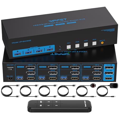 CMSTEDCD 8K60Hz Displayport HDMI KVM Switch 4 PC 3 Monitore USB 3.0 DP1.4 +HDMI2.1 KVM-Umschalter für Vier Computer Teilen Drei Monitor und 4 USB-Geräte mit 4 USB Kabeln und Remote Control