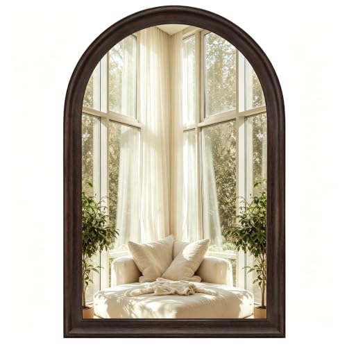 Arched Bathroom Mirror 24x36 Inch, Dark Wood Grain Finish Mirrors for Wall