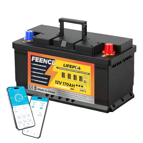 FEENCE LiFePO4 170Ah Bluetooth, Lithium batterie 12V 170ah mit BMS Low Temperature Schutz und Max. 15000 Zyklens,2176Wh Autobatterie für Wohnmobil,Boot,Solarpanel
