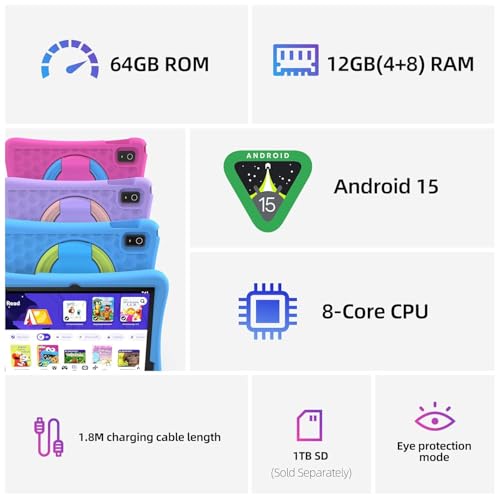 Image of plimpton Upgraded Kids Tablet, 10 Inch Android 15 Tablet for Kids with Case Included, Octa-Core, Kids Space, Parental Control, 4GB+64GB, WiFi, BT5.3, YouTube, Great Gift for Toddler(Blue)