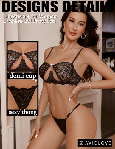 Image of Avidlove Lingerie for Women Sexy Lace Bra and Panty Set Underwire Push Up Lingerie Sets Demi Half Cup