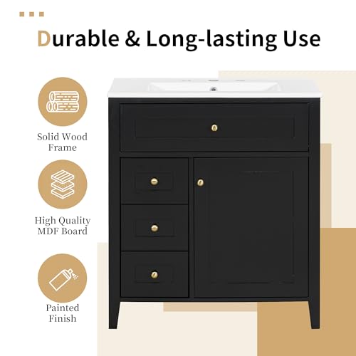 Image of 30 inch Bathroom Vanities with Top Set, Cabinet with Multi-Functional Tip-Out Drawer and Adjustable Shelf, Soft-Closing Door, Solid Wood Legs, Black