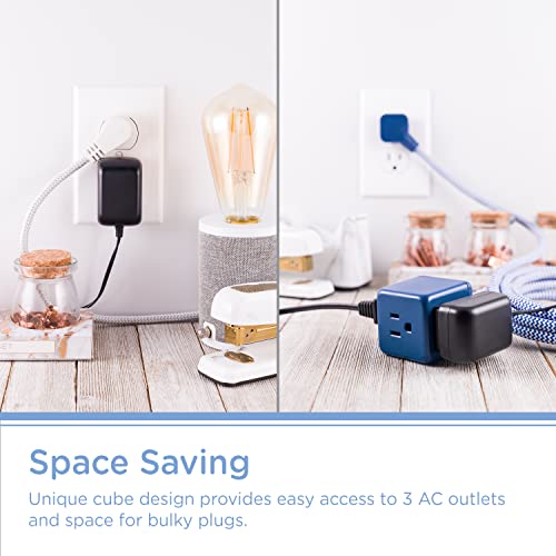 Cordinate 3-Outlet Extension Cord Cube, 5 Ft Braided Cord, Power Strip, Outlet Extender, Space-Saving Flat Plug, Perfect For Home Or Office Decor, Blue, 61928 #TOP4
