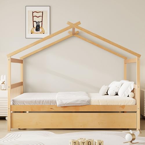 Image of Full Size Creativity House Bed with Roof Frame and Twin Size Trundle, Montessori Wooden Platform Bed with Sturdy Slats Support for Kids Teens Girls Boys, No Box Spring Needed (Natural-02, Full)