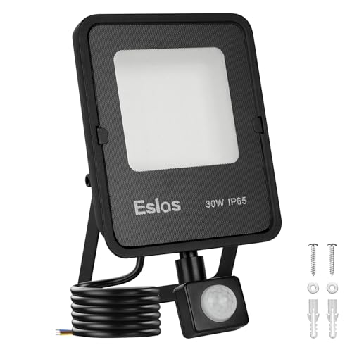 Eslas Upgrade 30W Motion Sensor Outdoor Security Light, 3000LM Floodlight with PIR, IP65 Waterproof, for Driveway, Front Door, Backyard, 6500K