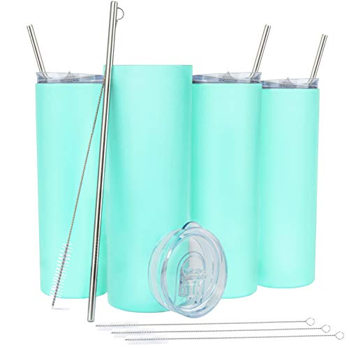 SKINNY TUMBLERS (4 pack) 20oz Stainless Steel Double Wall Insulated Tumblers with Lids and Straws | Skinny Travel Mug, Straw Cleaner INCLUDED! Reusable Cup With Straw | Vinyl DIY Gifts (Seafoam Green)