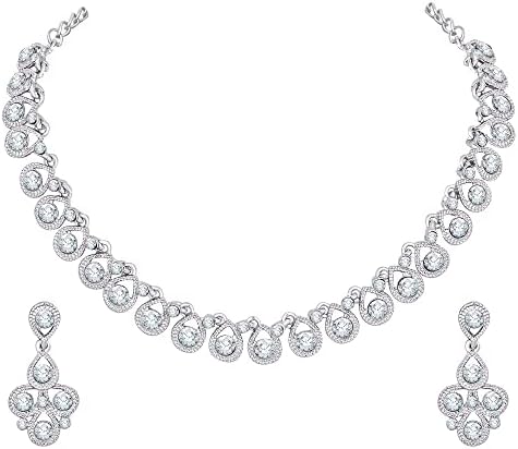 Atasi International Women's Silver Plated American Diamond Jewelry Necklace/Jewellery Set with Earrings (R5461), Silver Necklace for Women, Free, American Diamond Metal