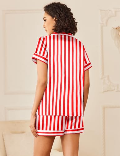 Image of Ekouaer Silk Pajamas for Women Button Down Sleepwear 2 Piece Pjs Shorts Set | Classic Short Sleeve Notch Neck Lounge Set with Pockets,Soft Cute Pj Set,Bridal Gifts,Pajama Party,Maternity Outfits