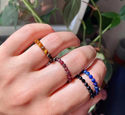 Tsnamer Crystal Beaded Ring Natural Faceted Gemstone Tiger Eye Rose Quartz Amethyst Minimalist Stacking Band Ring Anti-Anxiety Fidget Bead Ring Jewelry Gifts (12 Pc/St) #TOP1